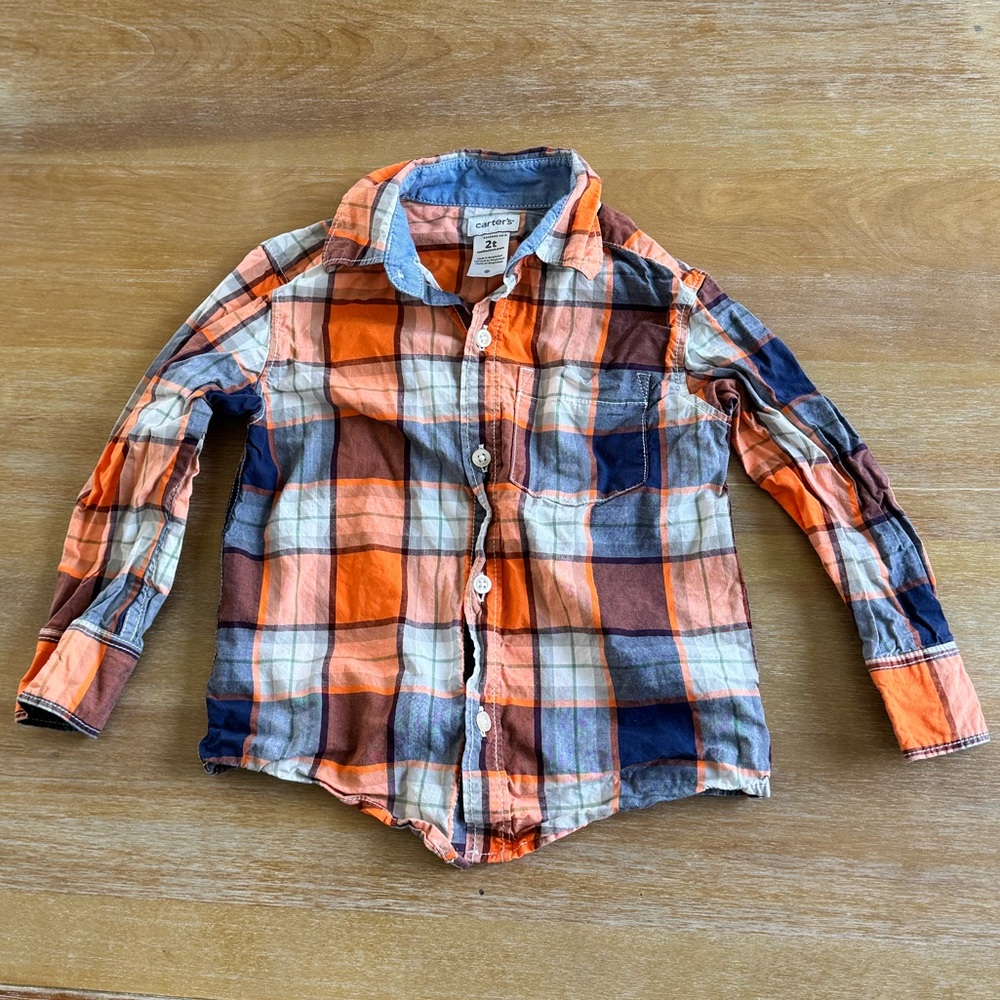 Toddler Boy - Size 2T-  Orange and Blue Plaid Button Down Shirt